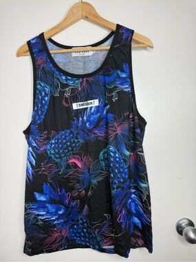 Urban Heritage Tropical Pineapple Tank Top - Black with Blue & Pink Print XL